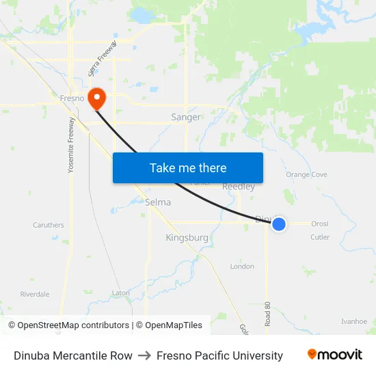 Dinuba Mercantile Row to Fresno Pacific University map
