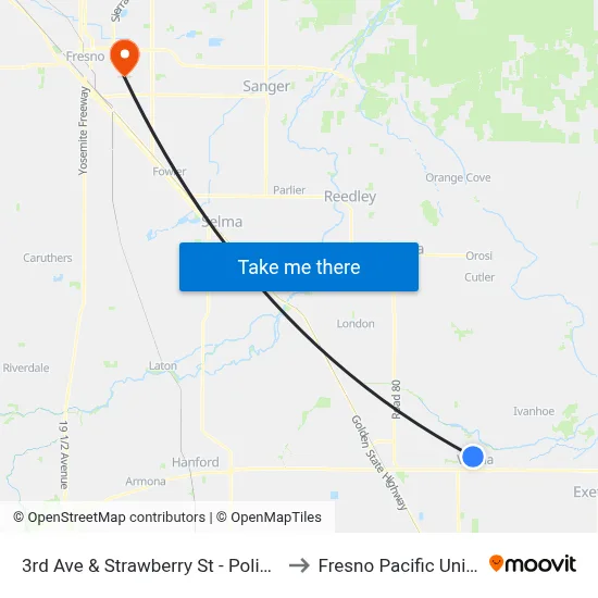 3rd Ave & Strawberry St - Police Station to Fresno Pacific University map