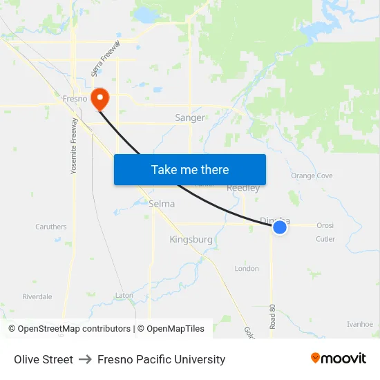 Olive Street to Fresno Pacific University map