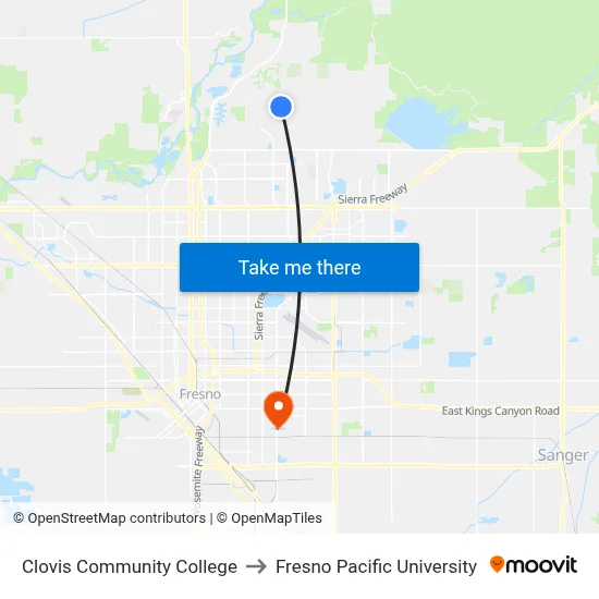 Clovis Community College to Fresno Pacific University map