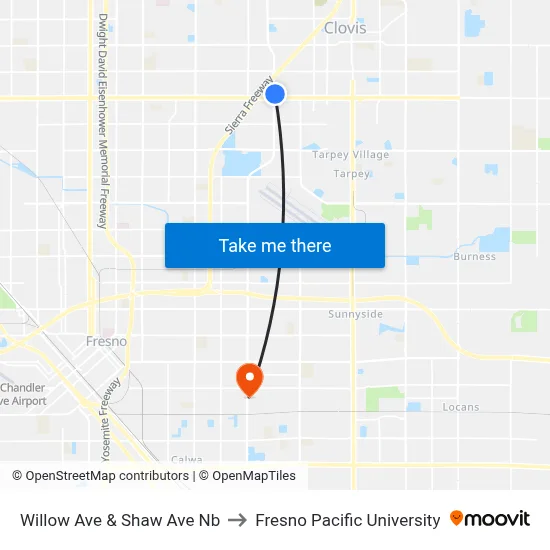 Willow Ave & Shaw Ave Nb to Fresno Pacific University map