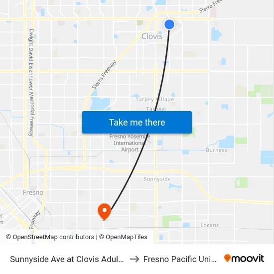 Sunnyside Ave at Clovis Adult School to Fresno Pacific University map