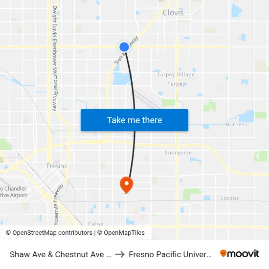 Shaw Ave & Chestnut Ave Eb to Fresno Pacific University map