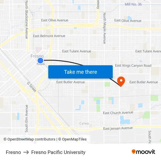 Fresno to Fresno Pacific University map