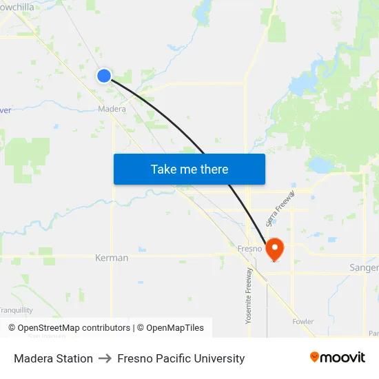 Madera Station to Fresno Pacific University map