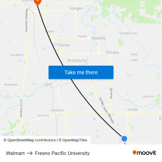 Walmart to Fresno Pacific University map