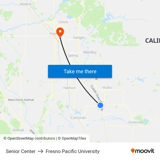 Senior Center to Fresno Pacific University map