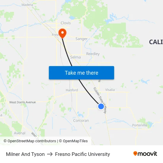 Milner And Tyson to Fresno Pacific University map