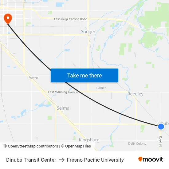 Dinuba Transit Center to Fresno Pacific University map