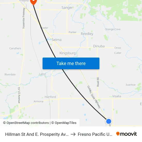 Hillman St And E. Prosperity Ave (Walmart) to Fresno Pacific University map