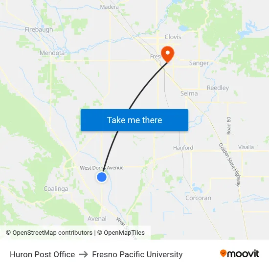 Huron Post Office to Fresno Pacific University map