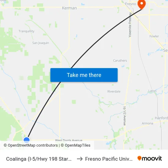 Coalinga (I-5/Hwy 198 Starbucks) to Fresno Pacific University map