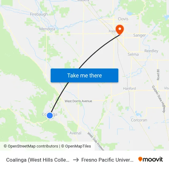 Coalinga (West Hills College) to Fresno Pacific University map