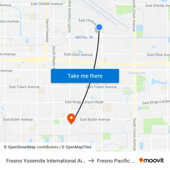 Fresno Yosemite International Airport Bus Shelter to Fresno Pacific University map