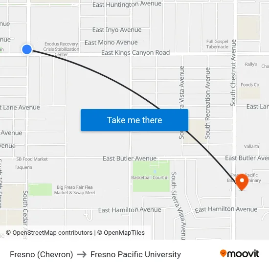 Fresno (Chevron) to Fresno Pacific University map