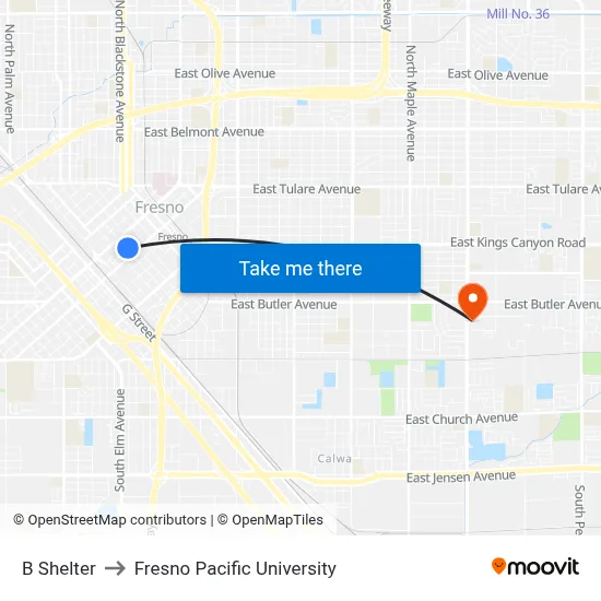 B Shelter to Fresno Pacific University map