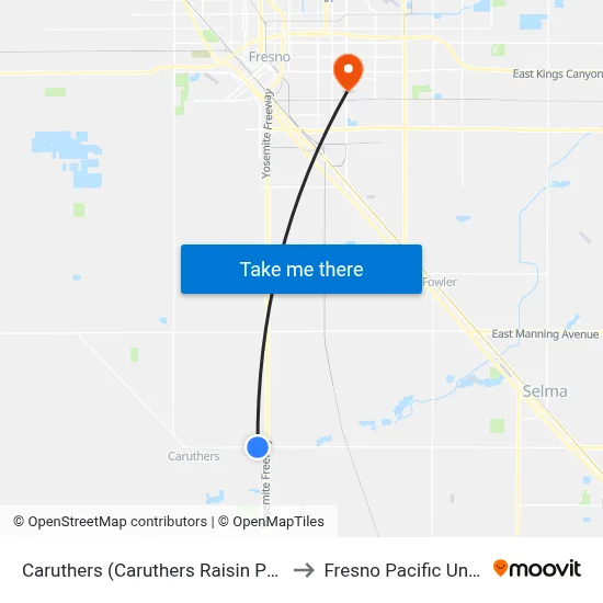Caruthers (Caruthers Raisin Packing Co) to Fresno Pacific University map