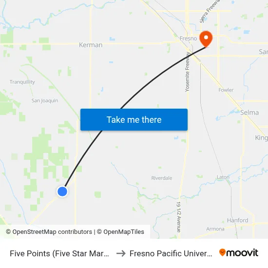 Five Points (Five Star Market) to Fresno Pacific University map