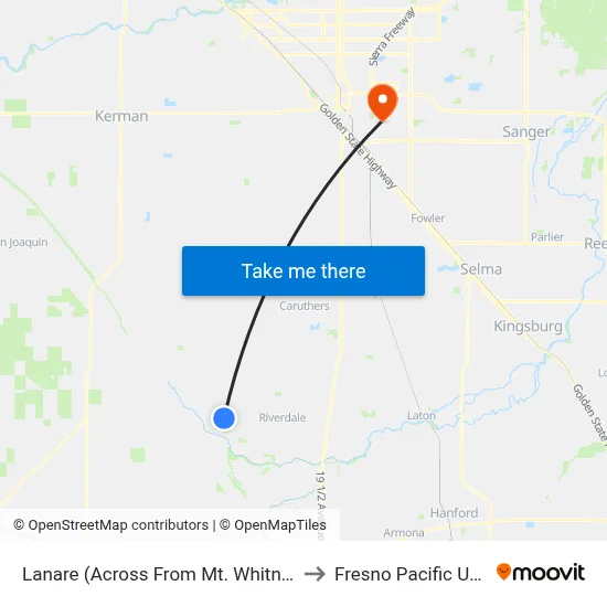 Lanare (Across From Mt. Whitney Minimart) to Fresno Pacific University map