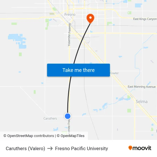 Caruthers (Valero) to Fresno Pacific University map