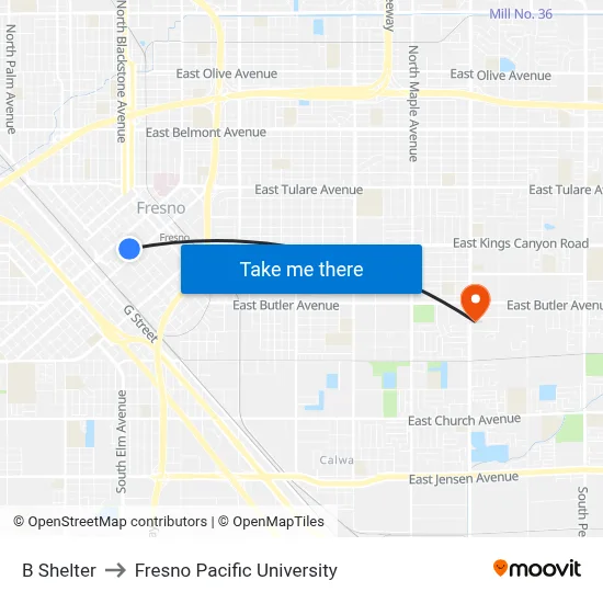 B Shelter to Fresno Pacific University map