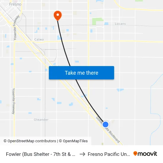 Fowler (Bus Shelter - 7th St & Merced St) to Fresno Pacific University map