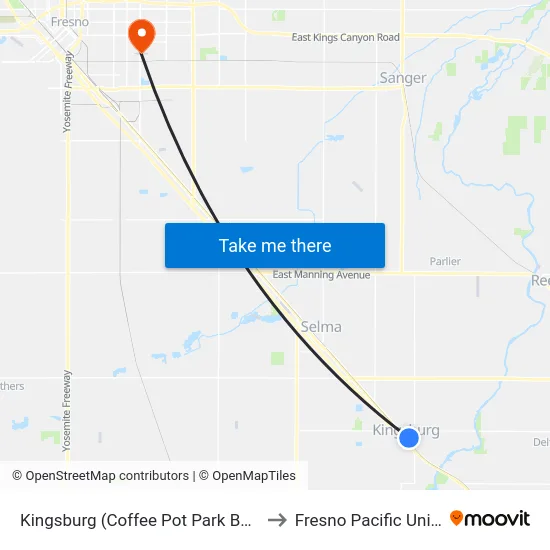 Kingsburg (Coffee Pot Park Bus Shelter) to Fresno Pacific University map