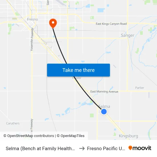 Selma (Bench at Family Healthcare Network) to Fresno Pacific University map