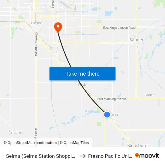 Selma (Selma Station Shopping Center) to Fresno Pacific University map