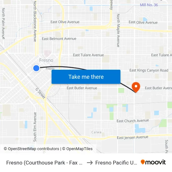 Fresno (Courthouse Park - Fax Bus Shelter L) to Fresno Pacific University map