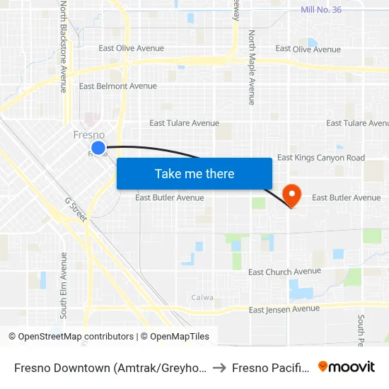 Fresno Downtown (Amtrak/Greyhound Station Bus Shelter) to Fresno Pacific University map