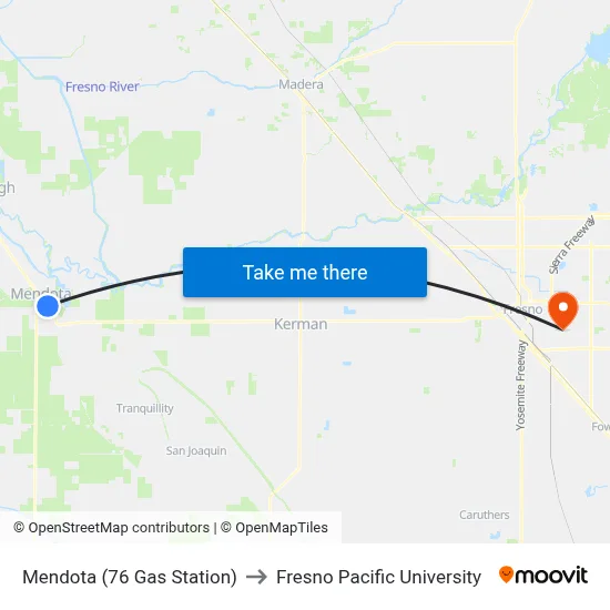 Mendota (76 Gas Station) to Fresno Pacific University map