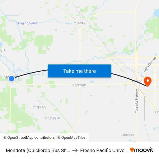 Mendota (Quickeroo Bus Shelter) to Fresno Pacific University map