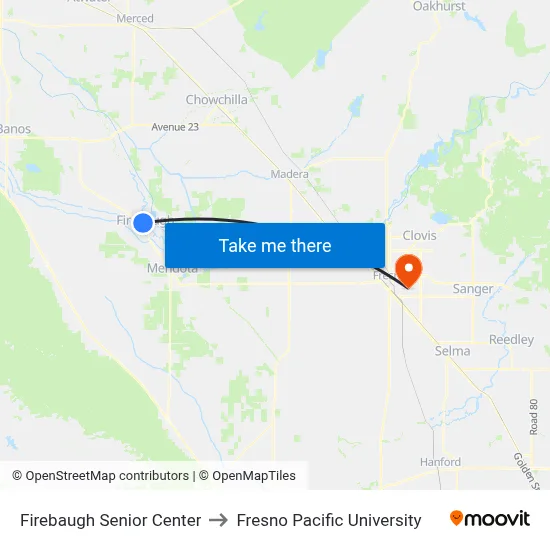 Firebaugh Senior Center to Fresno Pacific University map