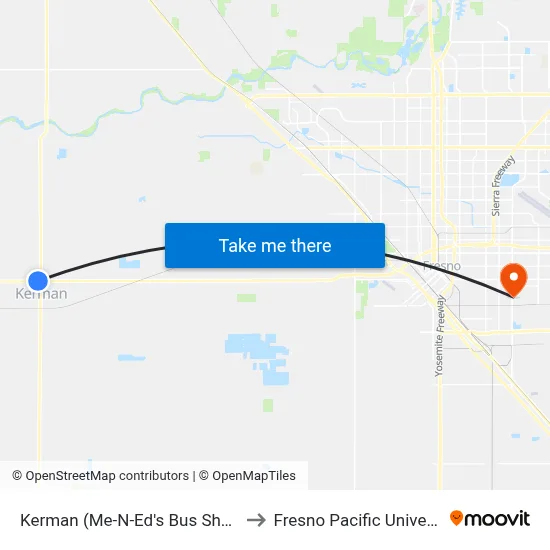Kerman (Me-N-Ed's Bus Shelter) to Fresno Pacific University map