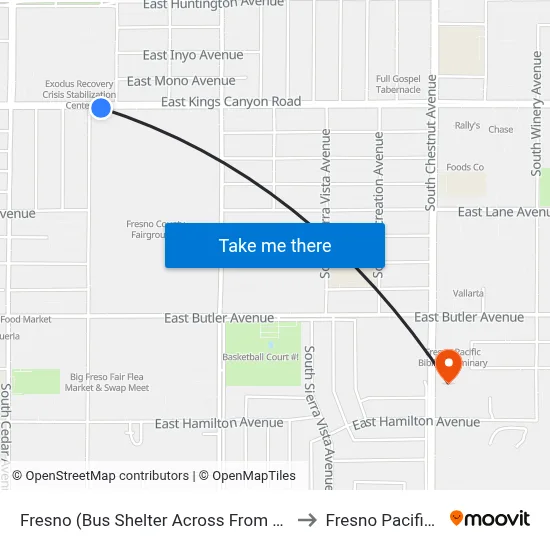 Fresno (Bus Shelter Across From County Social Services) to Fresno Pacific University map