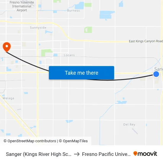 Sanger (Kings River High School) to Fresno Pacific University map