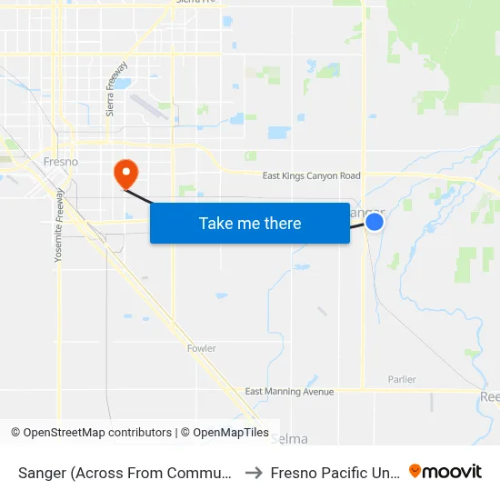 Sanger (Across From Community Center) to Fresno Pacific University map