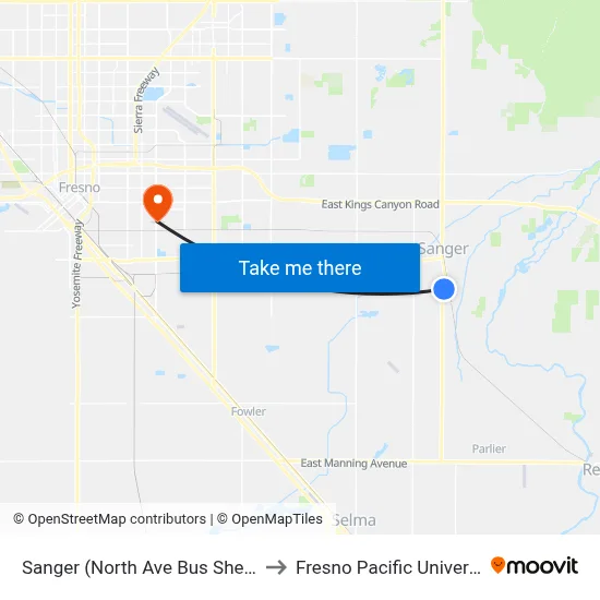 Sanger (North Ave Bus Shelter) to Fresno Pacific University map