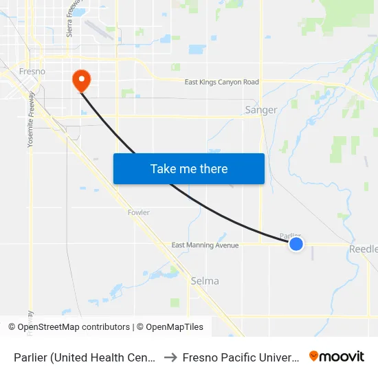 Parlier (United Health Center) to Fresno Pacific University map
