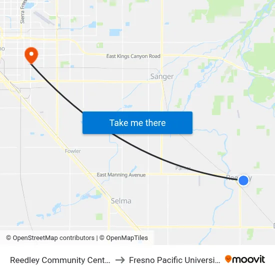 Reedley Community Center to Fresno Pacific University map