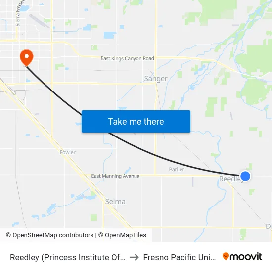 Reedley (Princess Institute Of Beauty) to Fresno Pacific University map