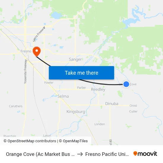 Orange Cove (Ac Market Bus Shelter) to Fresno Pacific University map