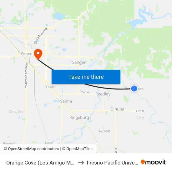 Orange Cove (Los Amigo Market) to Fresno Pacific University map