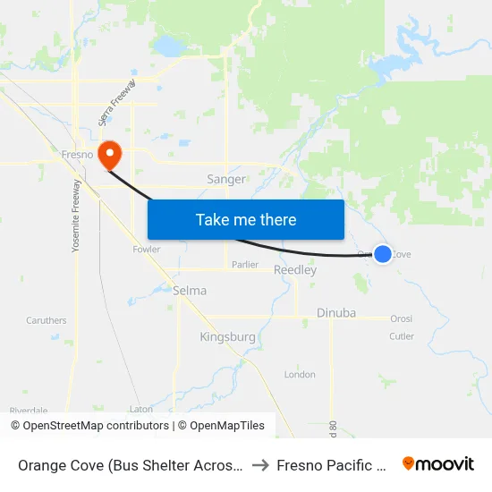 Orange Cove (Bus Shelter Across From Library) to Fresno Pacific University map