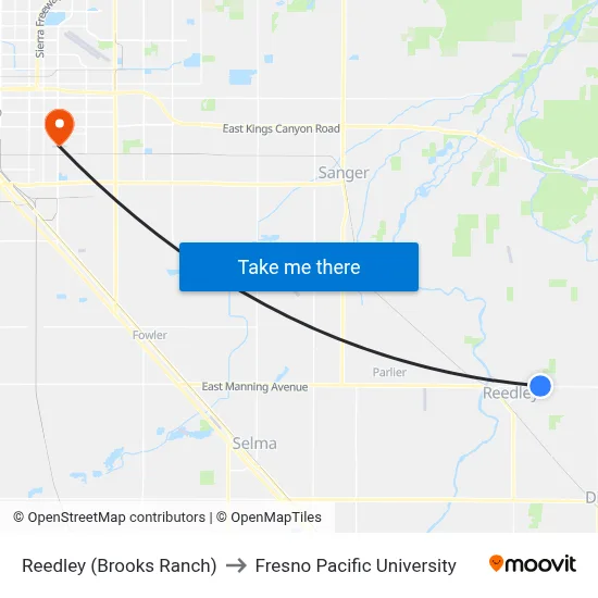 Reedley (Brooks Ranch) to Fresno Pacific University map