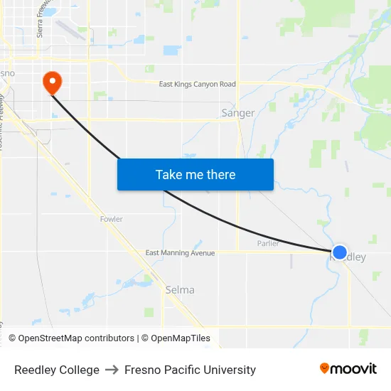 Reedley College to Fresno Pacific University map