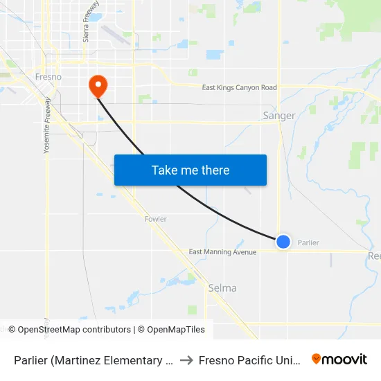 Parlier (Martinez Elementary School) to Fresno Pacific University map