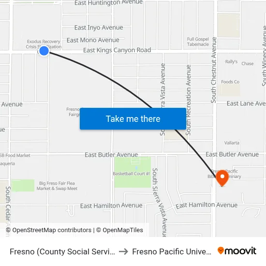 Fresno (County Social Services) to Fresno Pacific University map