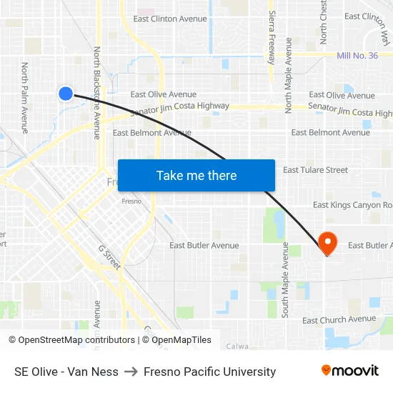 SE Olive - Van Ness to Fresno Pacific University map